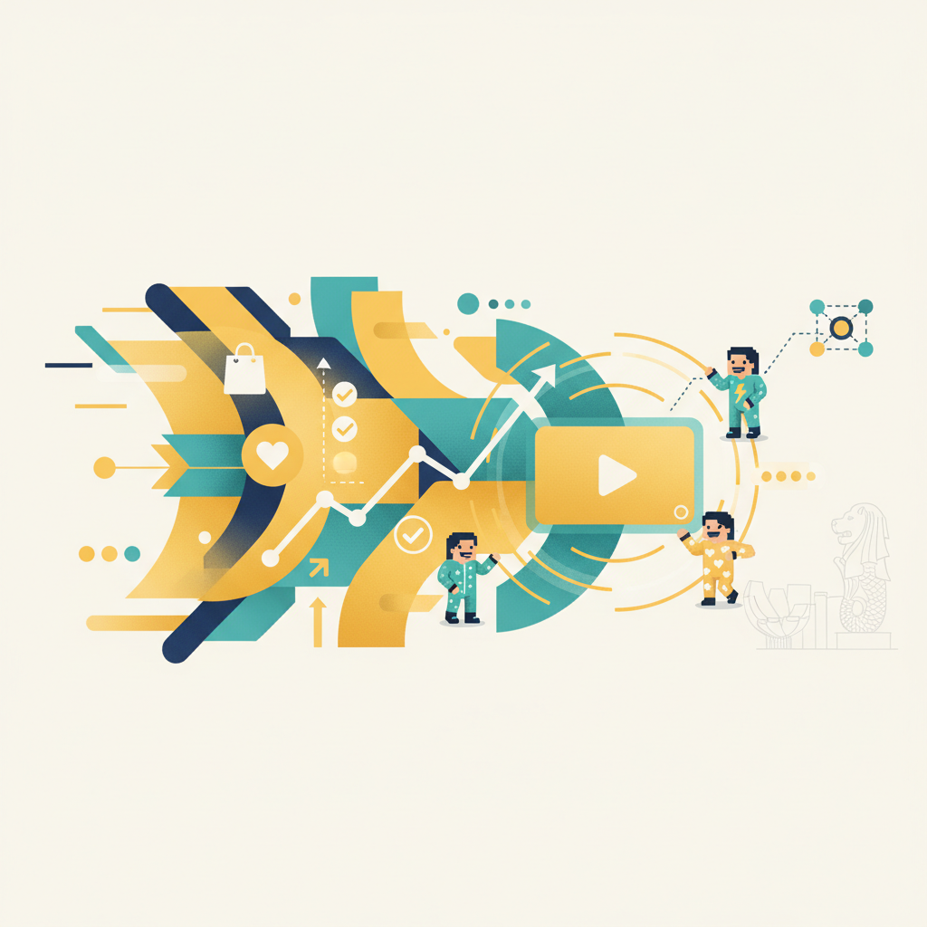 Abstract modern header illustrating social commerce and live shopping momentum — dynamic left-to-right funnel, pixel-art creator avatars in onesies, live video card with pulsing play, commerce icons (shopping bag, heart, upward KPI line), subtle Singapore skyline motif; vibrant golden-yellow and cool-teal accents with navy contrast, no text.