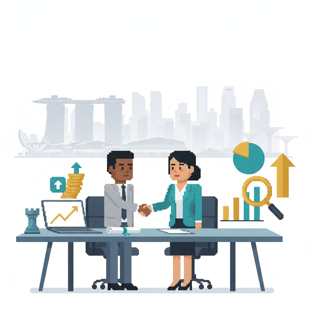 Pixel-art style header showing two diverse businesspeople shaking hands across a desk with a laptop, checklist, chess piece, and coins, with a stylized Singapore skyline in the background, suggesting branding partnership and strategy in Singapore
