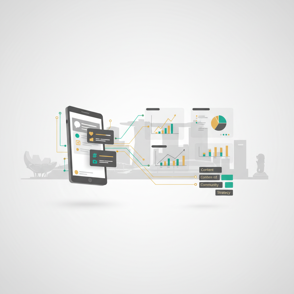 Professional abstract header showing social feeds, analytics dashboards and AI elements over a subtle Singapore skyline, used for an article on choosing a social media marketing agency in Singapore