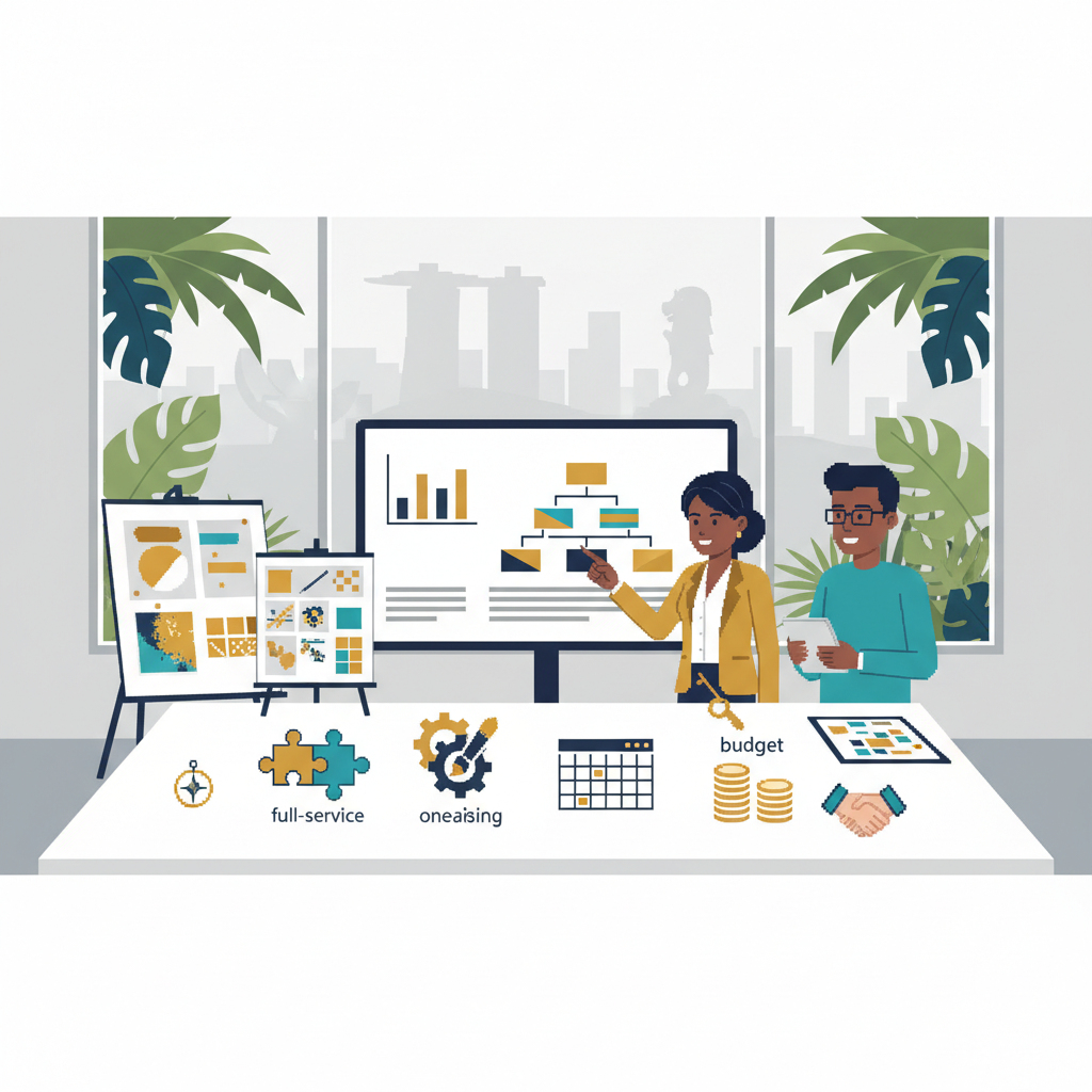 Modern Singapore meeting room with collaborators, strategy screen and moodboard