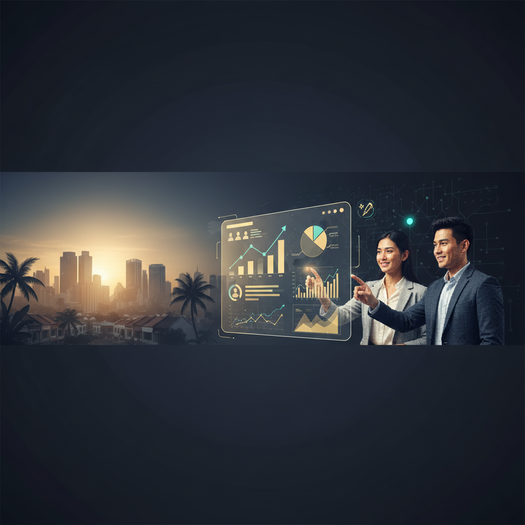 AI marketing visual showing Southeast Asian skyline, holographic analytics dashboards, and marketers collaborating with AI-driven insights
