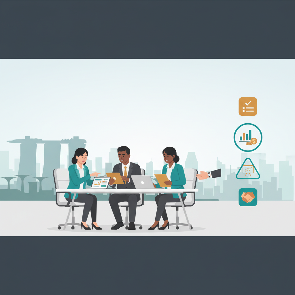 Professional header illustration showing a stylized Singapore skyline and marketing leaders