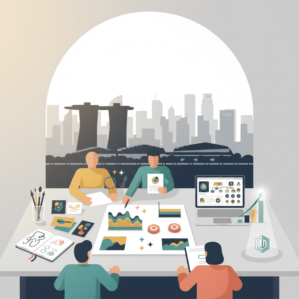 Header illustration: Singapore branding agency concept with modern office, abstract identity elements, and city skyline