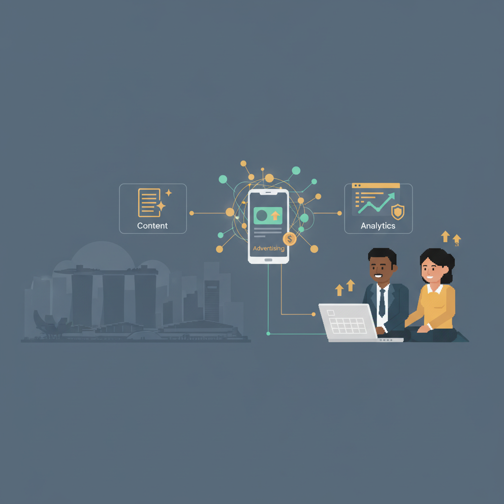 AI marketing in Singapore header showing an AI hub connecting content, advertising, and analytics with a Singapore skyline in Hamilton & Sherwind style