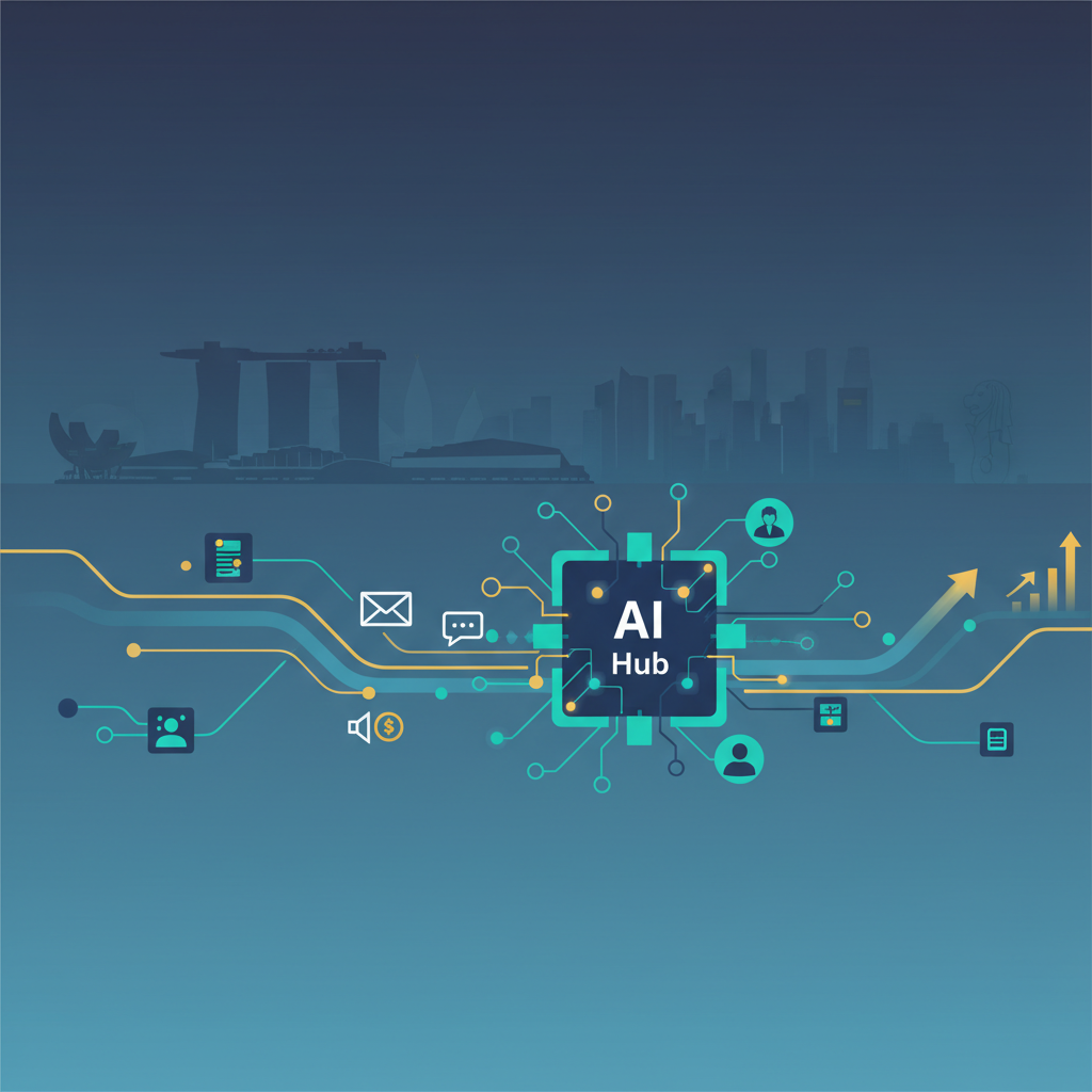 AI marketing automation for Singapore SMEs header image with abstract AI and Singapore skyline