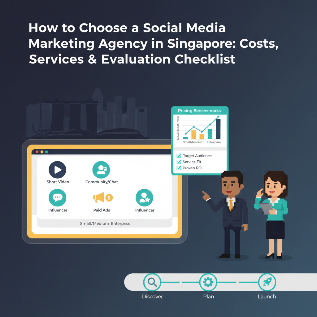 How to Choose a Social Media Marketing Agency in Singapore: Costs, Services & Evaluation Checklist – Singapore skyline, social media dashboard, pricing chart and evaluation checklist