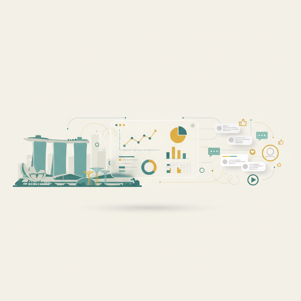 Abstract header visual representing a Singapore social media marketing agency with skyline, analytics dashboards and collaboration icons