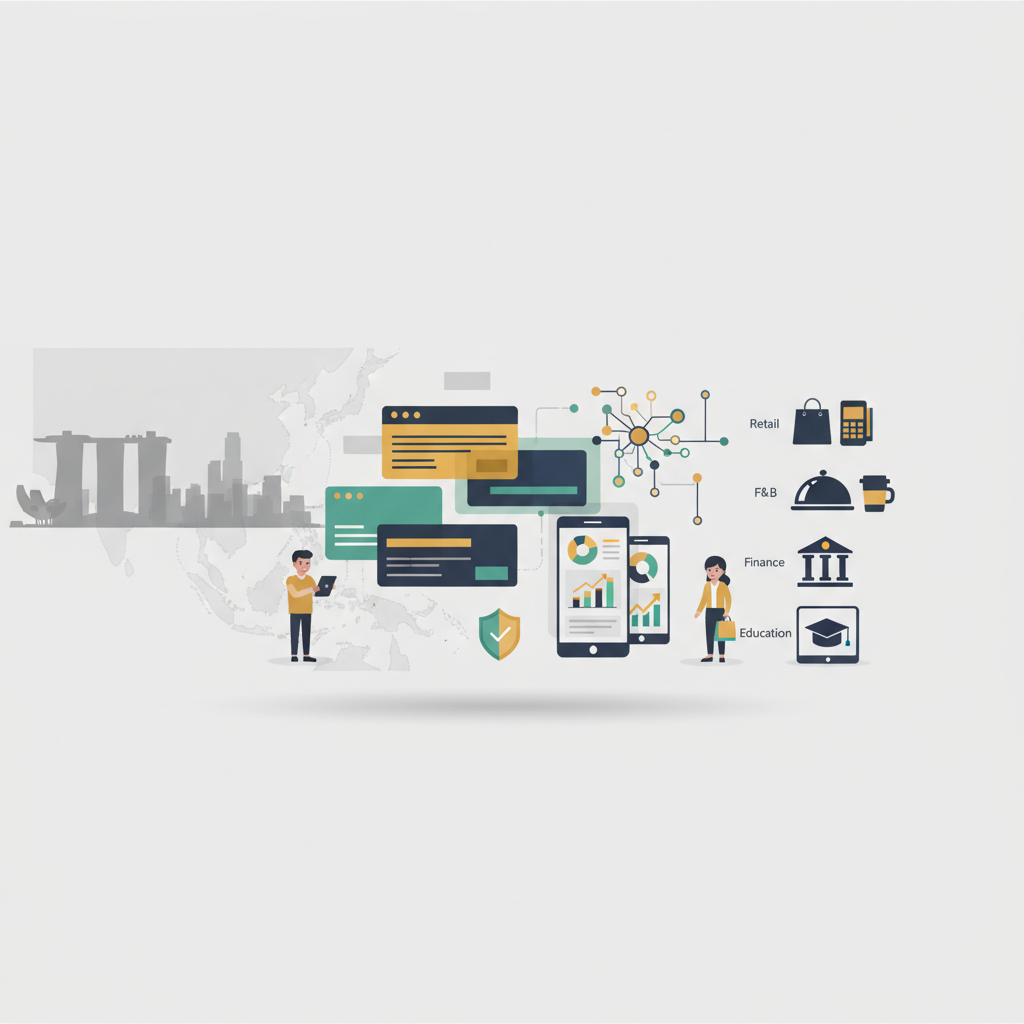 AI marketing in Singapore blog header showing skyline, AI data visuals, and sector icons