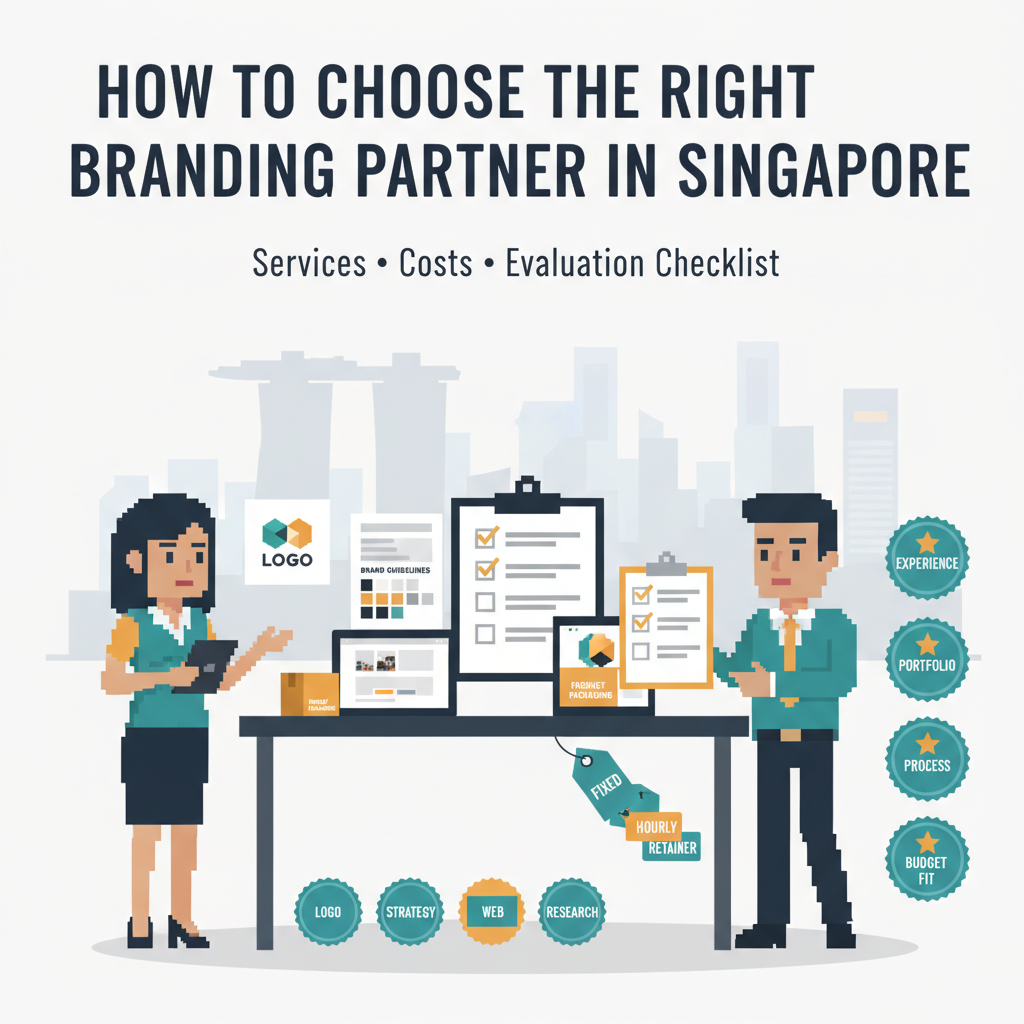 How to Choose the Right Branding Partner in Singapore: Services, Costs & Evaluation Checklist – Singapore skyline with business owner and branding consultant reviewing brand mockups and checklist