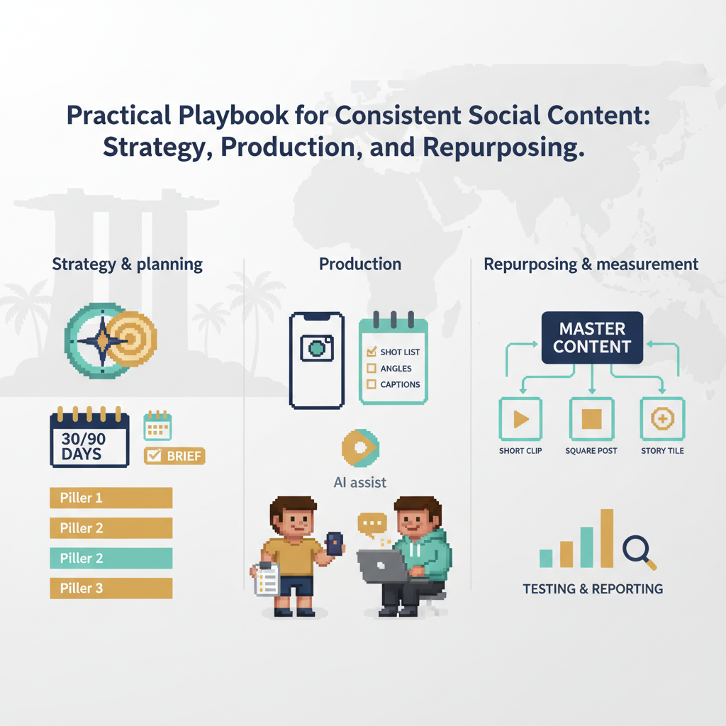 Practical Playbook for Consistent Social Content: Strategy, Production, and Repurposing — social strategy calendar, short-form video checklist, and repurposing flow with a subtle Singapore skyline