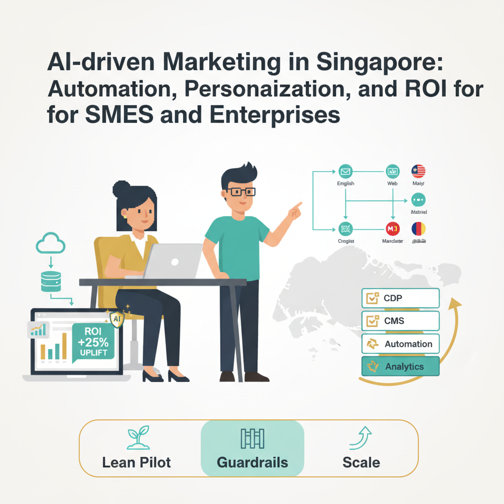 Landscape blog header showing two pixel-art human characters collaborating over a dashboard and orchestration canvas, unified data pipeline flowing into an LLM/copilot with guardrail shield, MarTech stack boxes with upward growth arrow and Singapore/SEA motif, and a bottom three-step band ‘Lean Pilot → Guardrails → Scale’; title placed top-centre, warm gold and teal accents, clean professional tech style.
