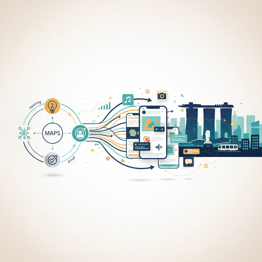 Abstract header image depicting strategy, storytelling, and Singapore context for SME brand storytelling