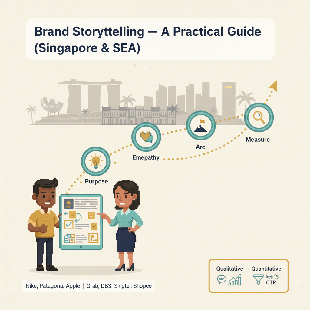 Brand storytelling Singapore guide header image with storyboard and narrative arc