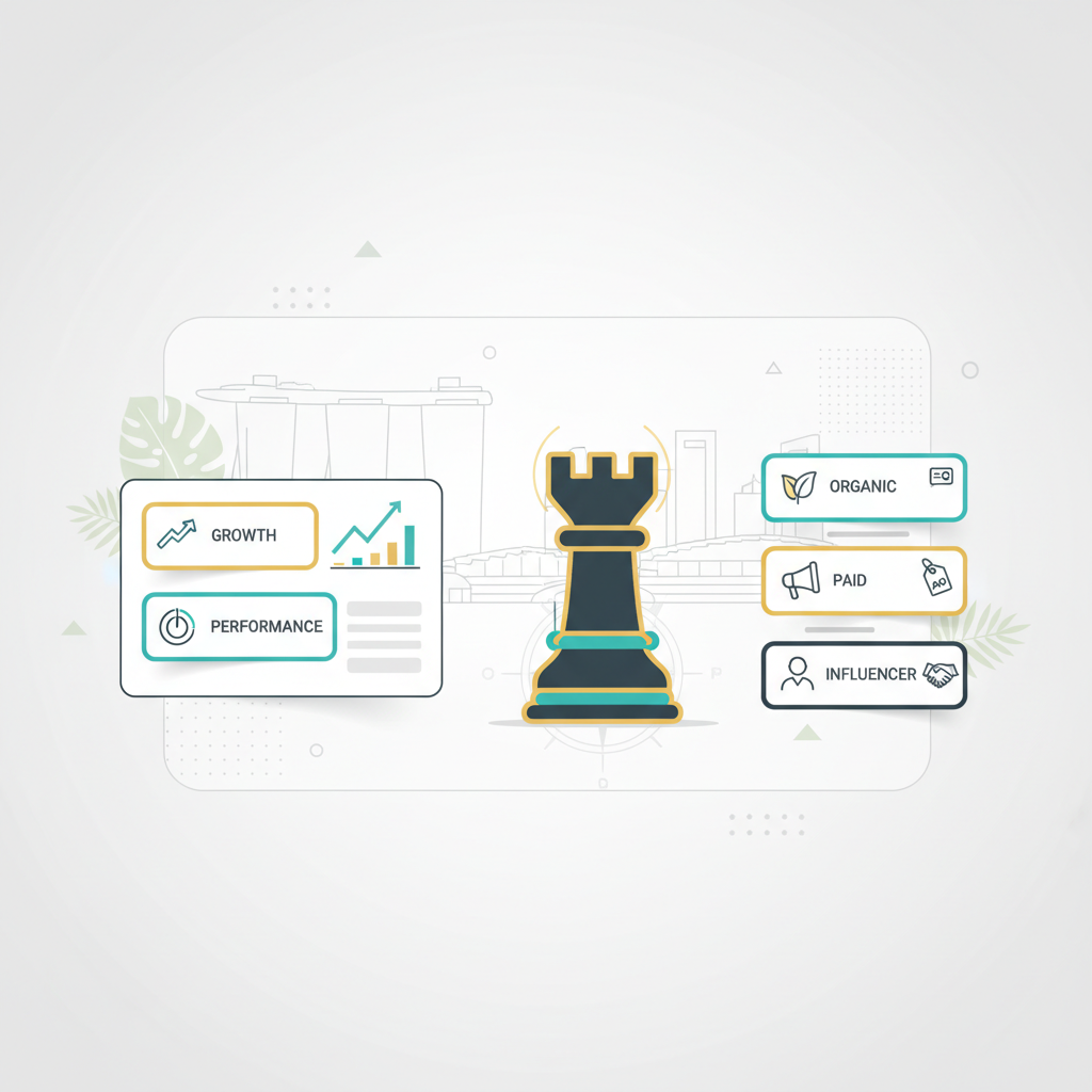 Modern minimal B2B header: strategic dashboard, compass symbol, service comparison icons with Singapore/SEA skyline cues