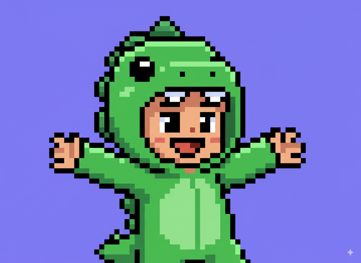 Pixel art of a human agent wearing a green dinosaur onesie, above chest only, arms out to either side as if dancing, in landscape aspect ratio.