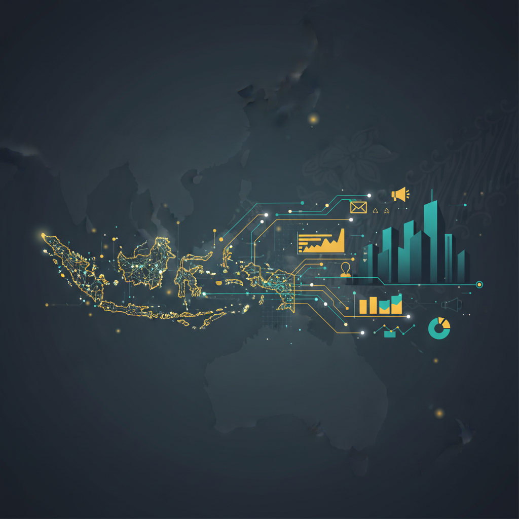 Abstract landscape header showing a stylized Southeast Asia map formed from interconnected data nodes and neural-network lines, a simplified regional skyline, flowing data streams with integrated marketing glyphs, brand accents in golden yellow and teal on a deep slate background, no text.