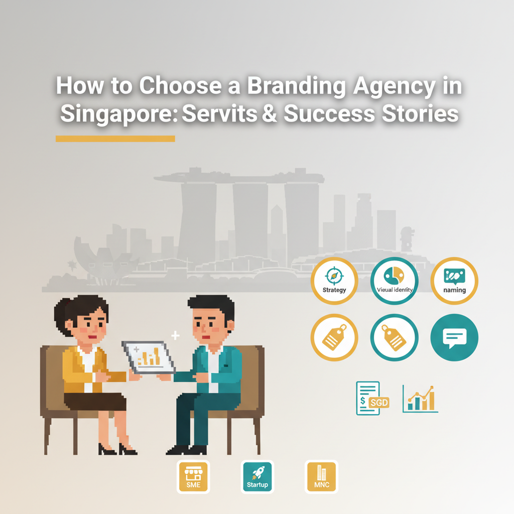 Header image showing business leaders reviewing brand strategy visuals against a modern Singapore city backdrop for an article on choosing a branding agency in Singapore