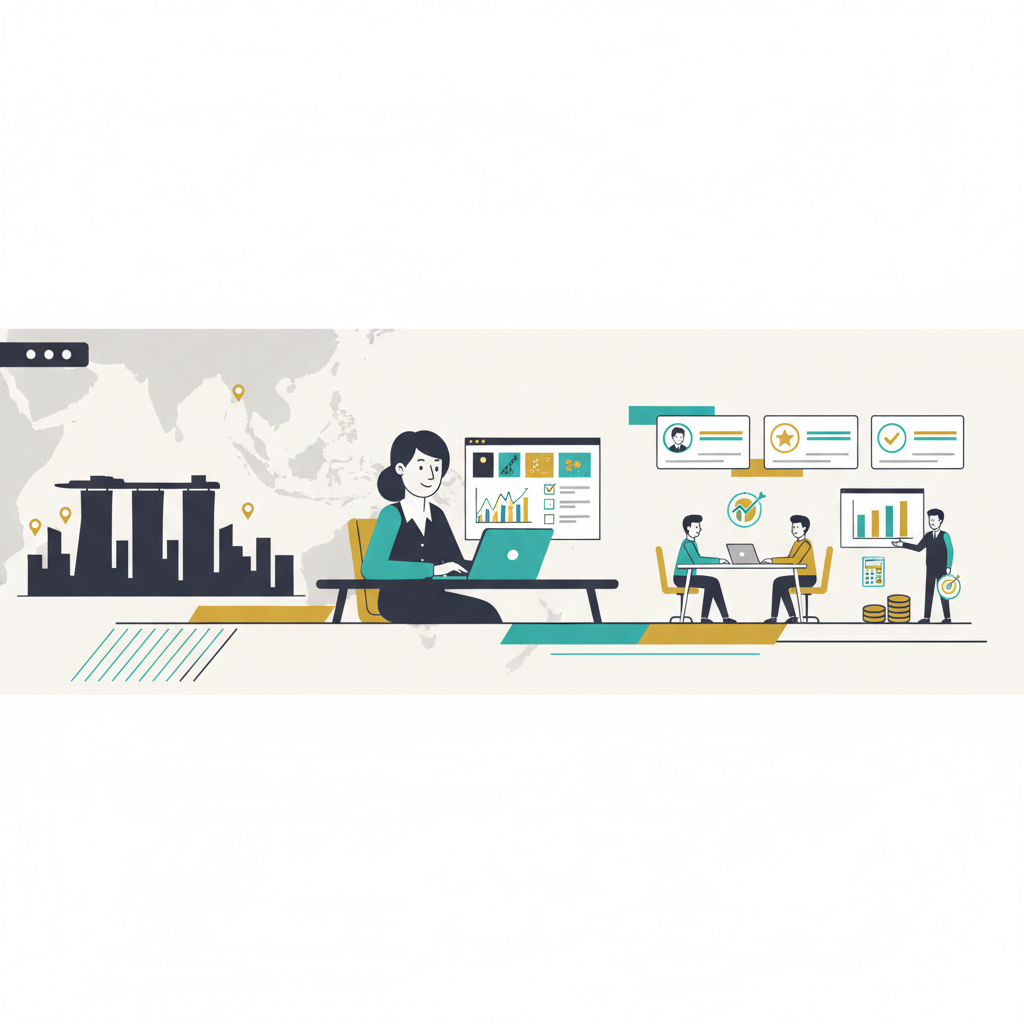 Landscape header illustration showing Singapore skyline and SEA map at left, a marketing leader reviewing agency portfolios and KPI charts in the center, and a shortlist/pitch meeting with budget icons at right; clean vector style with mustard-gold and teal accents, human pixel-art-inspired avatars, no visible text.