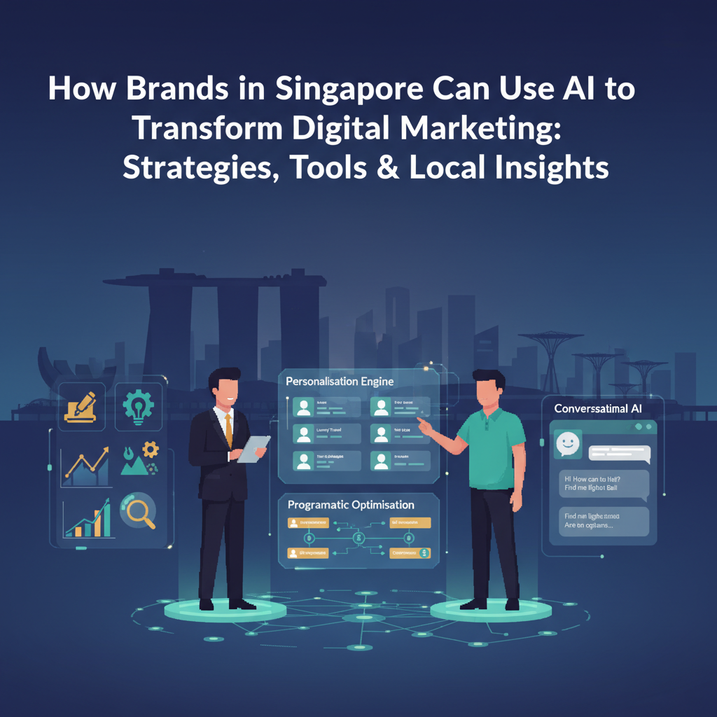 AI transforming digital marketing for Singapore — skyline, holographic dashboards, charts, chat bubbles and programmatic ad nodes in a modern, business-forward style.