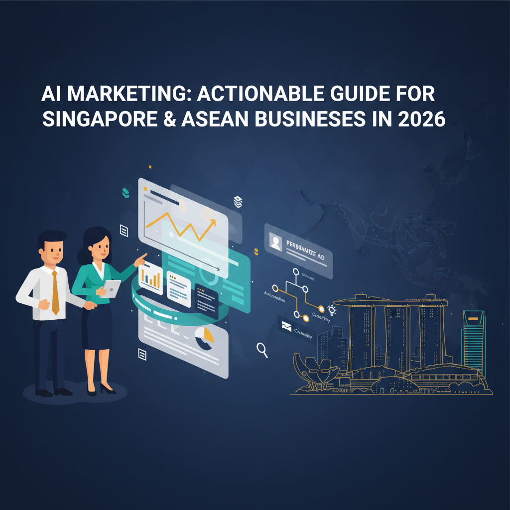 AI marketing guide for Singapore and ASEAN businesses, showing marketers, AI dashboards, dynamic ads and a modern Southeast Asian city skyline