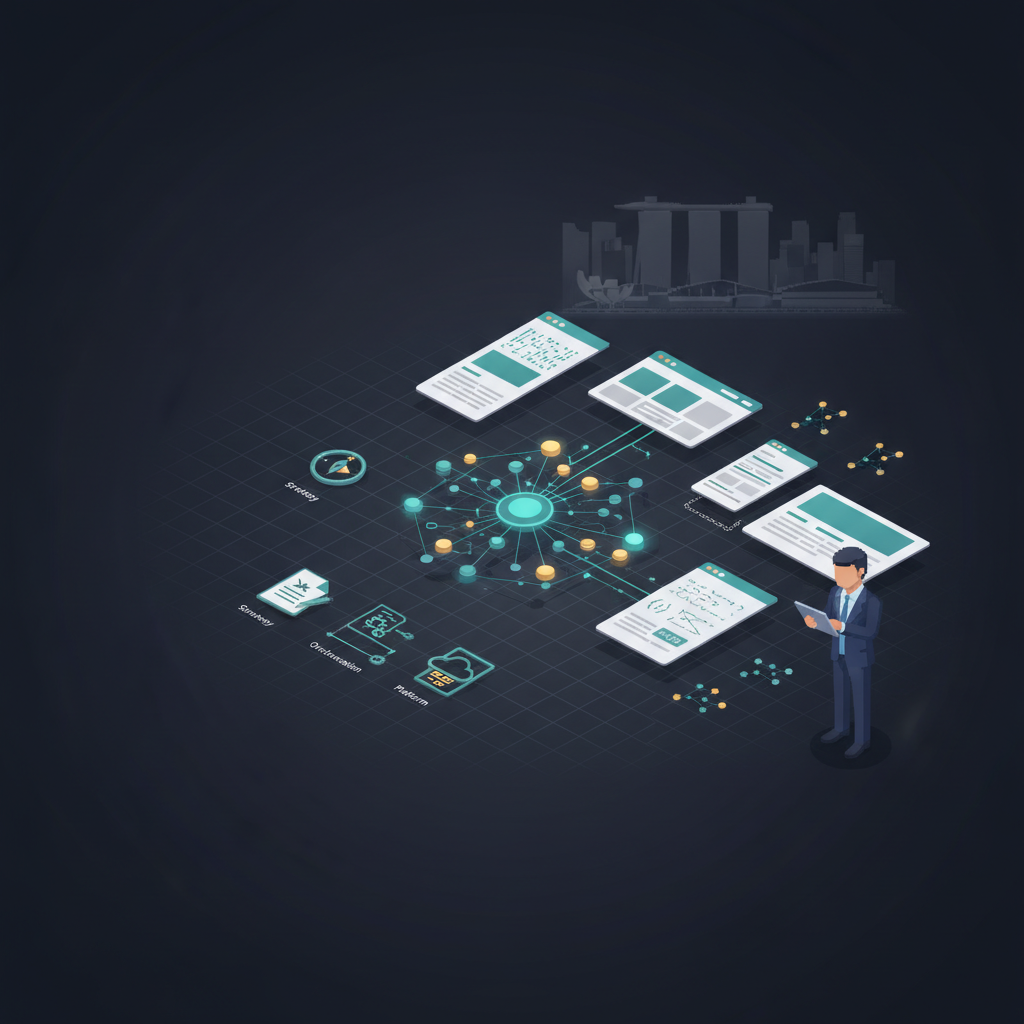 AI SEO strategy header image showing AI neural network nodes connecting to webpage cards and charts with a subtle Singapore skyline in the background