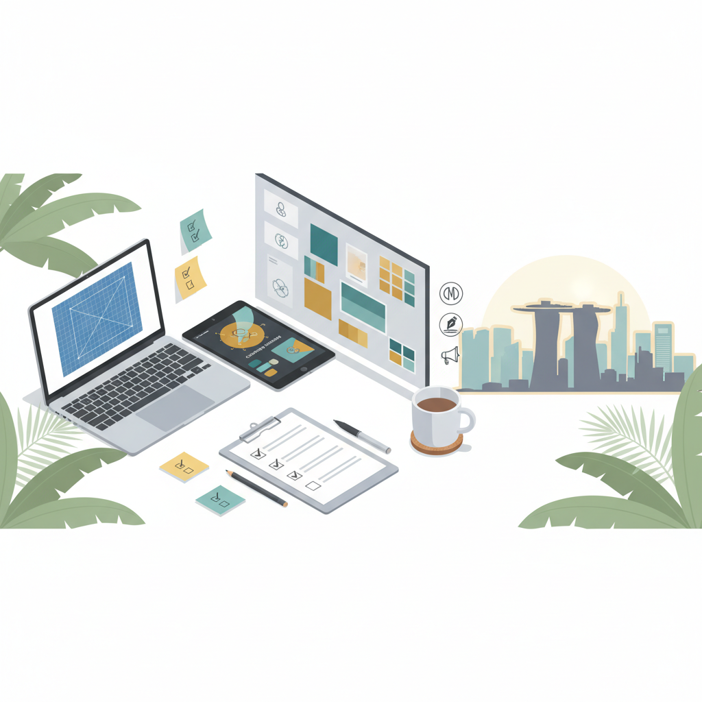 Modern creative-agency workspace header — clean flat-lay of laptop, tablet, moodboard with logo sketches and color swatches, checklist clipboard and service icons; subtle Singapore/SEA skyline silhouette and tropical leaves at right; neutral palette with warm-gold and teal accents; no text.