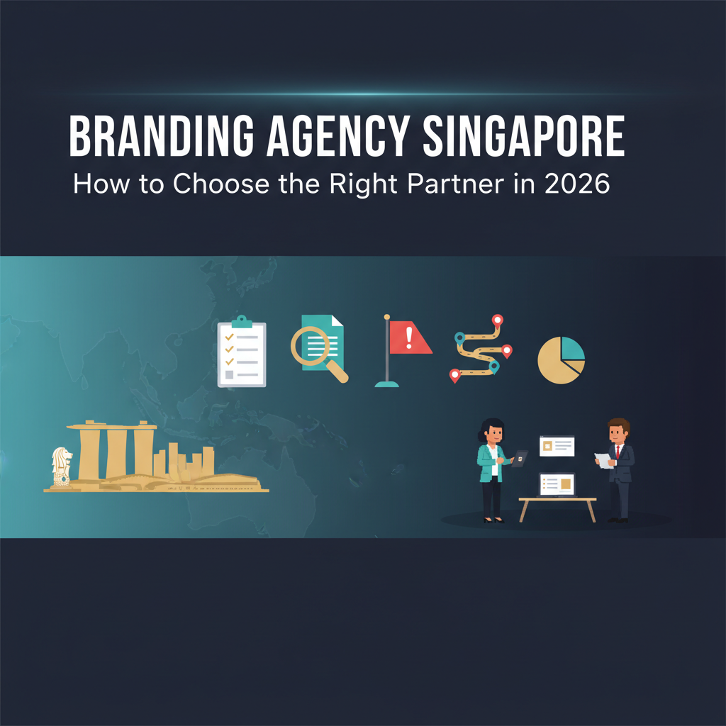 Branding Agency Singapore header — CMOs and founders evaluating branding partners against a checklist, with a subtle Singapore skyline in the background