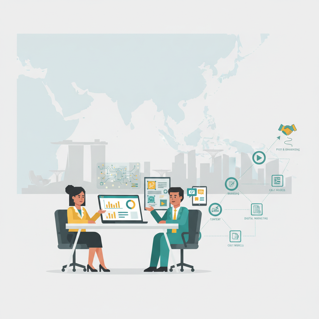 Strategic Singapore creative marketing skyline scene showing marketers, dashboards and AI-enhanced collaboration – header image for guide to choosing a creative marketing agency in Singapore