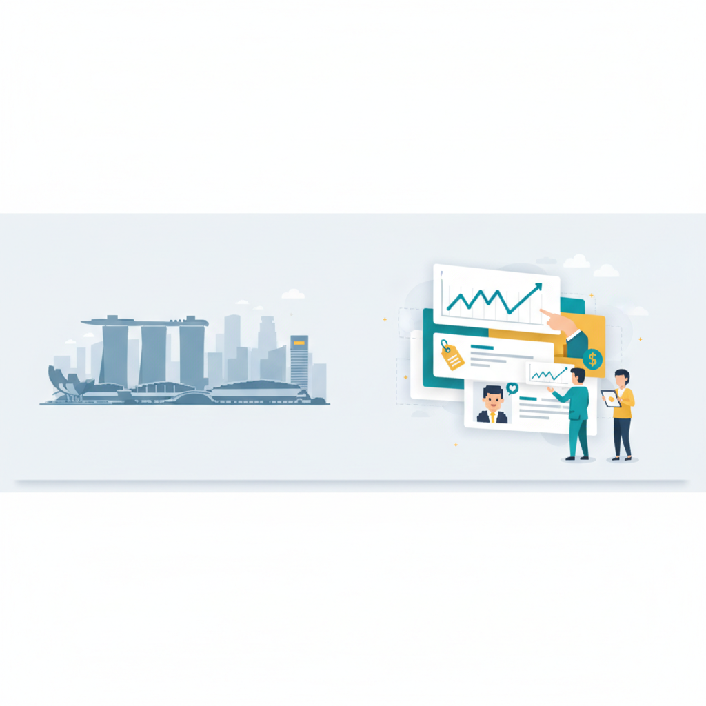 Singapore skyline with abstract social media icons and analytics panels