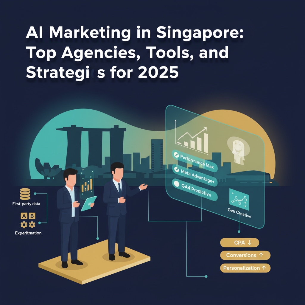 AI Marketing in Singapore header image: skyline, dashboards, and AI tools