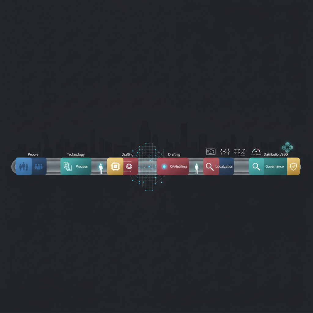 Abstract modular content operations pipeline with AI overlay and a subtle Singapore skyline
