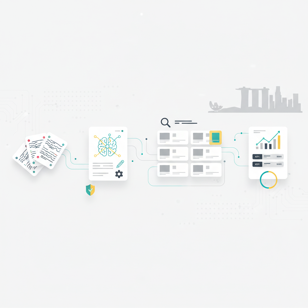 AI content SEO in Singapore header image showing abstract workflows, dashboards, and Singapore skyline