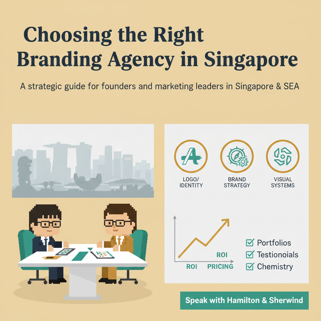 Professional Singapore skyline with business leaders consulting a branding agency, ROI chart and checklist, representing how to choose the right branding agency in Singapore.