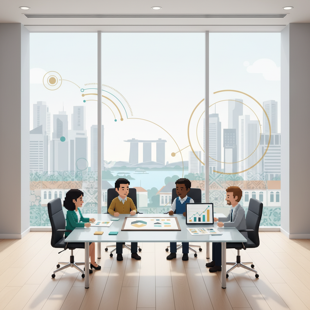 Modern Singapore branding strategy meeting with diverse marketing team and city skyline in the background