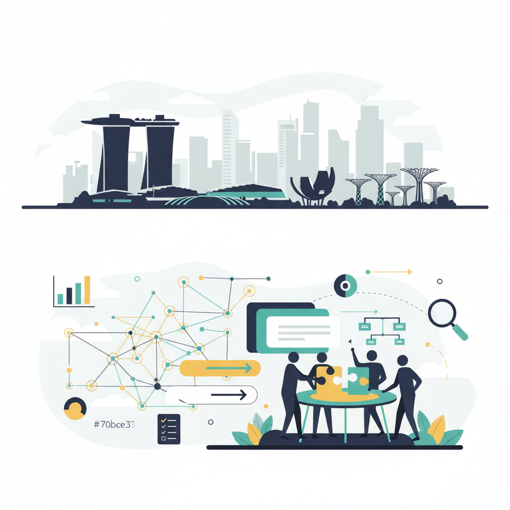 abstract modern illustration of brand strategy collaboration with stylised Singapore skyline