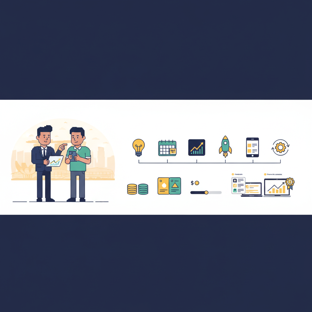 Header illustration of a Singapore skyline and business people collaborating on social media strategy, with icons for channels, pricing and case-study results.