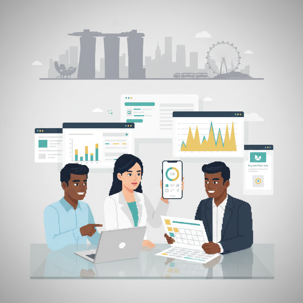 Modern social media marketing illustration with diverse professionals collaborating around data dashboards and mobile screens against a subtle Singapore skyline and MRT background