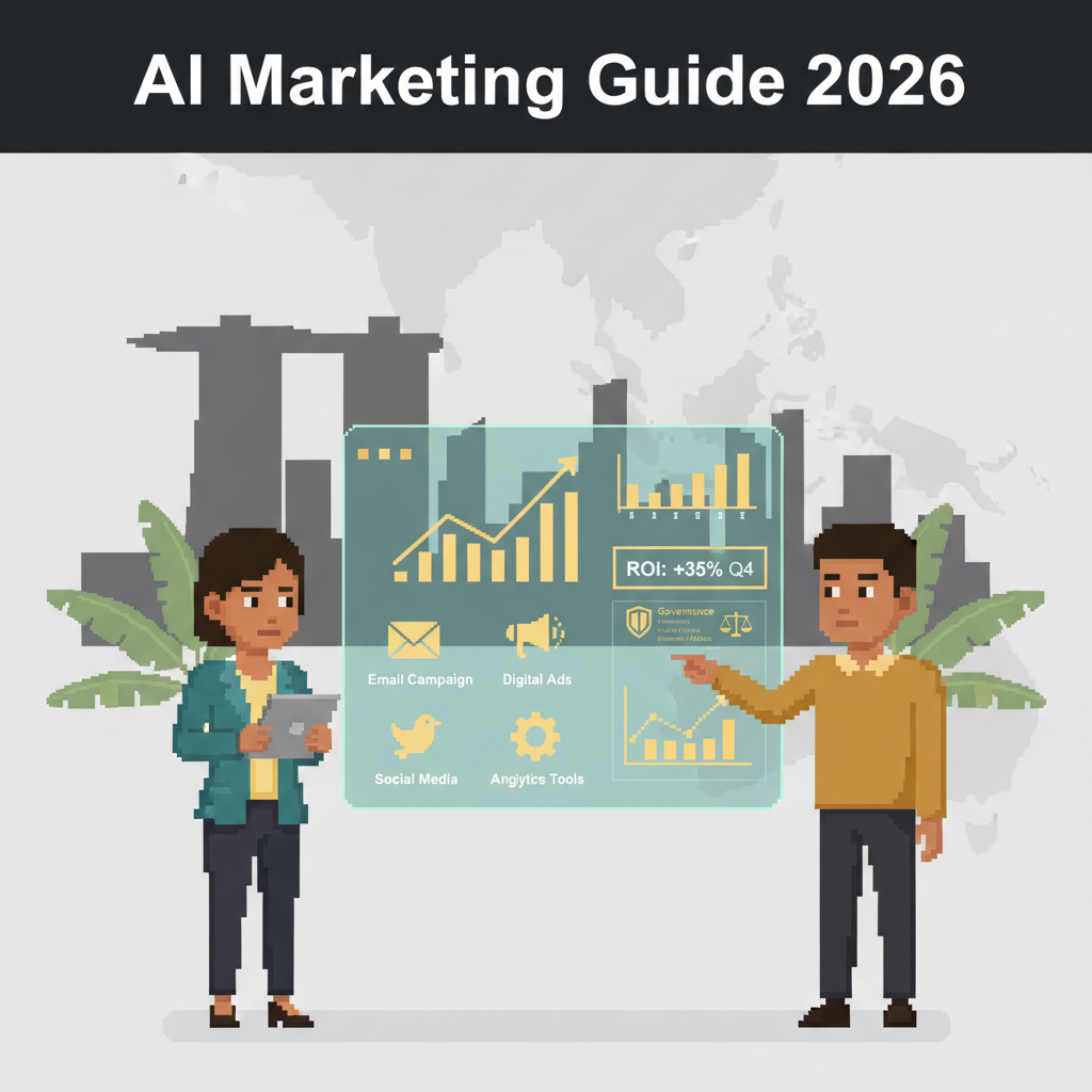 AI Marketing Guide 2026 header — AI dashboards and marketing data over Singapore city skyline