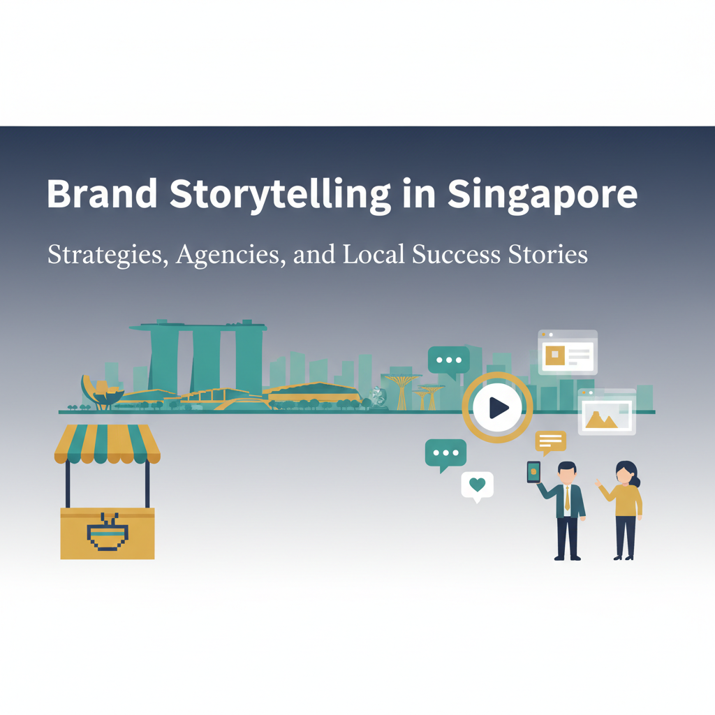 Modern, professional landscape blog header illustrating Singapore brand storytelling — subtle Marina Bay Sands and Supertrees skyline silhouette, hawker-stall icon, and social/video UI elements indicating digital storytelling.