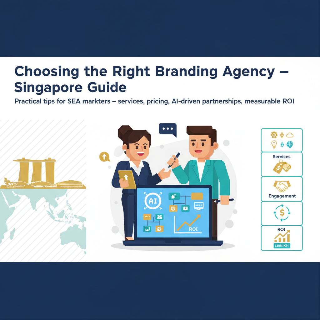 Header image for article How to Choose the Right Branding Agency in Singapore: A Practical Guide for Marketers showing a modern Singapore skyline with marketers collaborating over an AI-driven branding dashboard