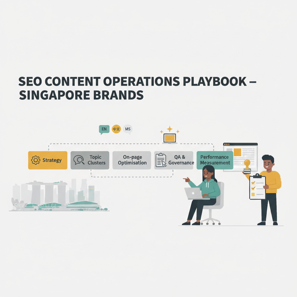 SEO Content Operations Playbook — Singapore skyline with roadmap steps Strategy to Performance and multilingual badges