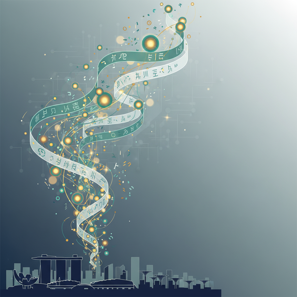 Hero image: abstract Singapore skyline with AI narrative nodes and flowing multilingual ribbons