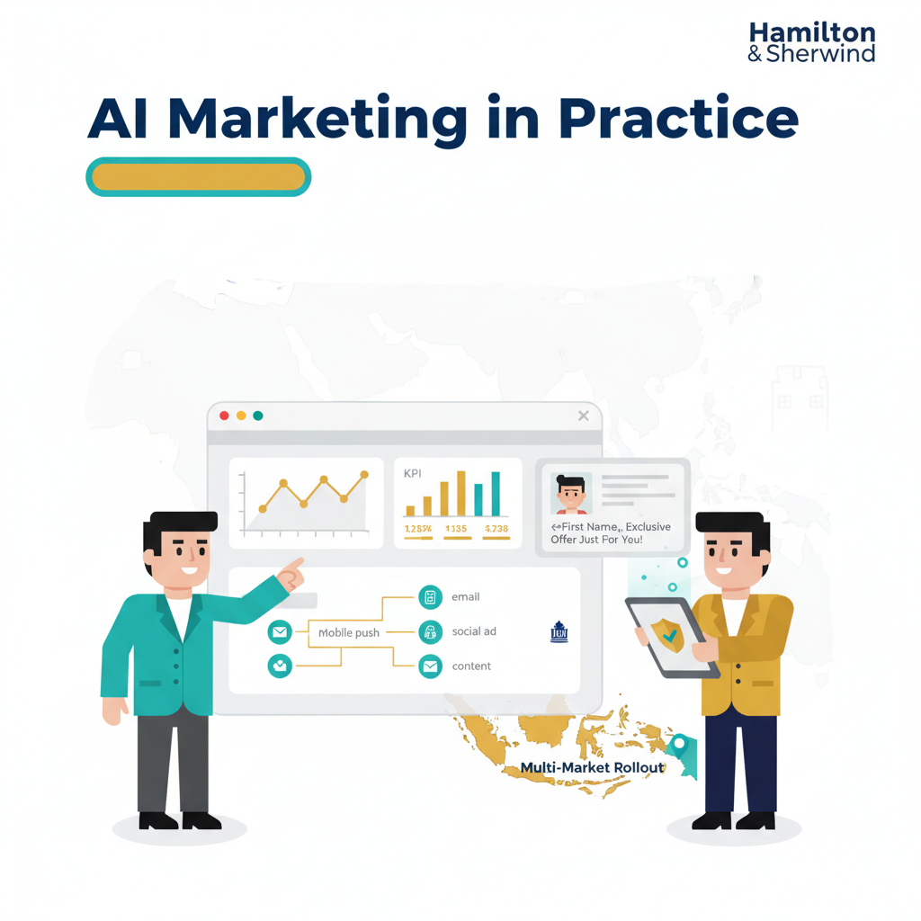 AI Marketing in Practice – marketers, dashboards and governance icons with Singapore/SEA silhouette