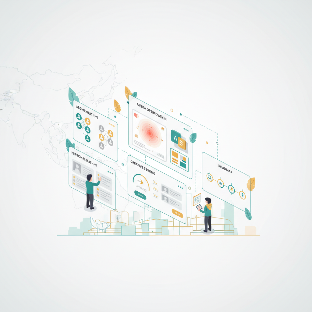Isometric illustration of an AI marketing dashboard showing segmentation, personalization, media optimization and creative testing for Singapore and Southeast Asia brands