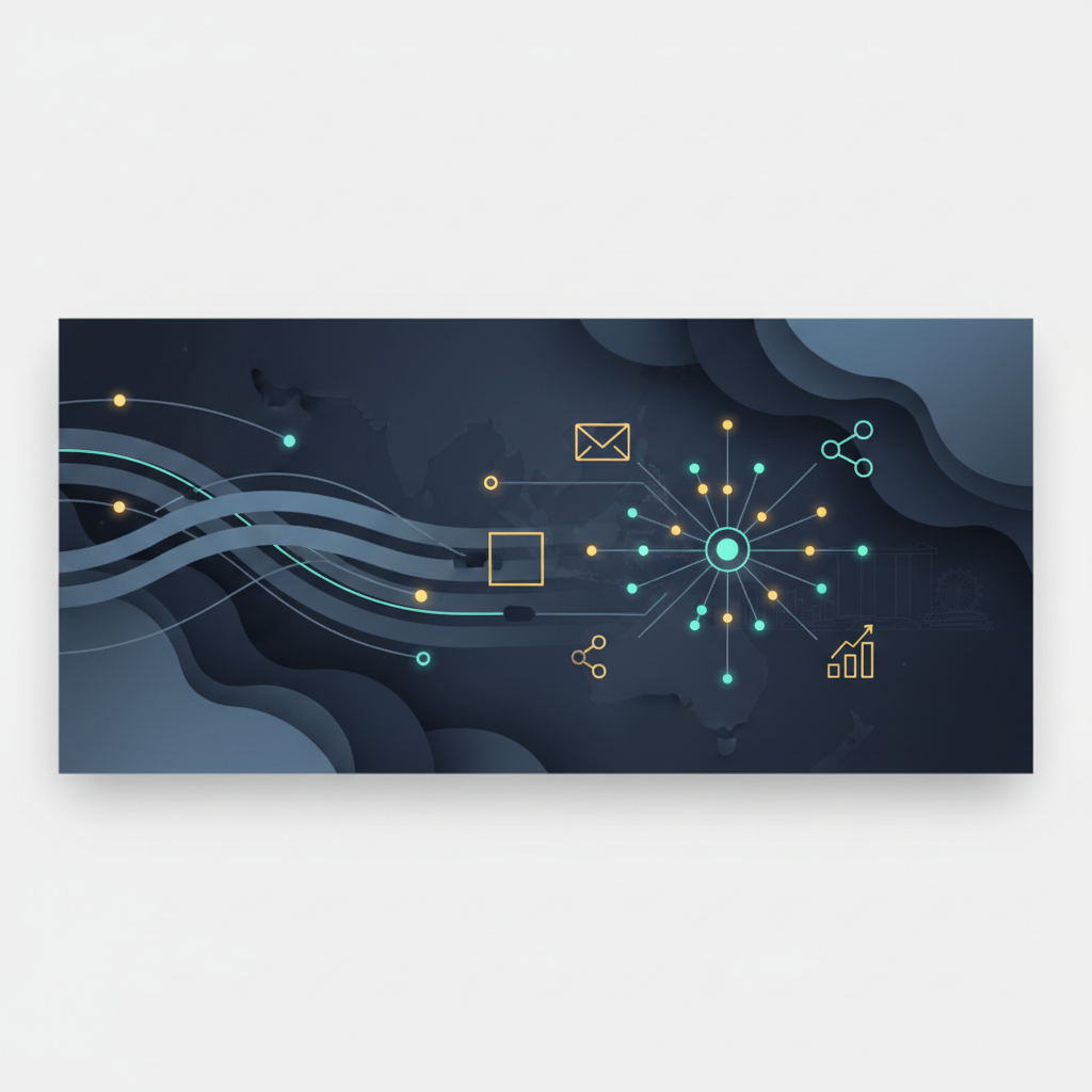 Abstract header image showing data, AI and marketing converging in a minimal, modern B2B style with subtle Southeast Asia motif