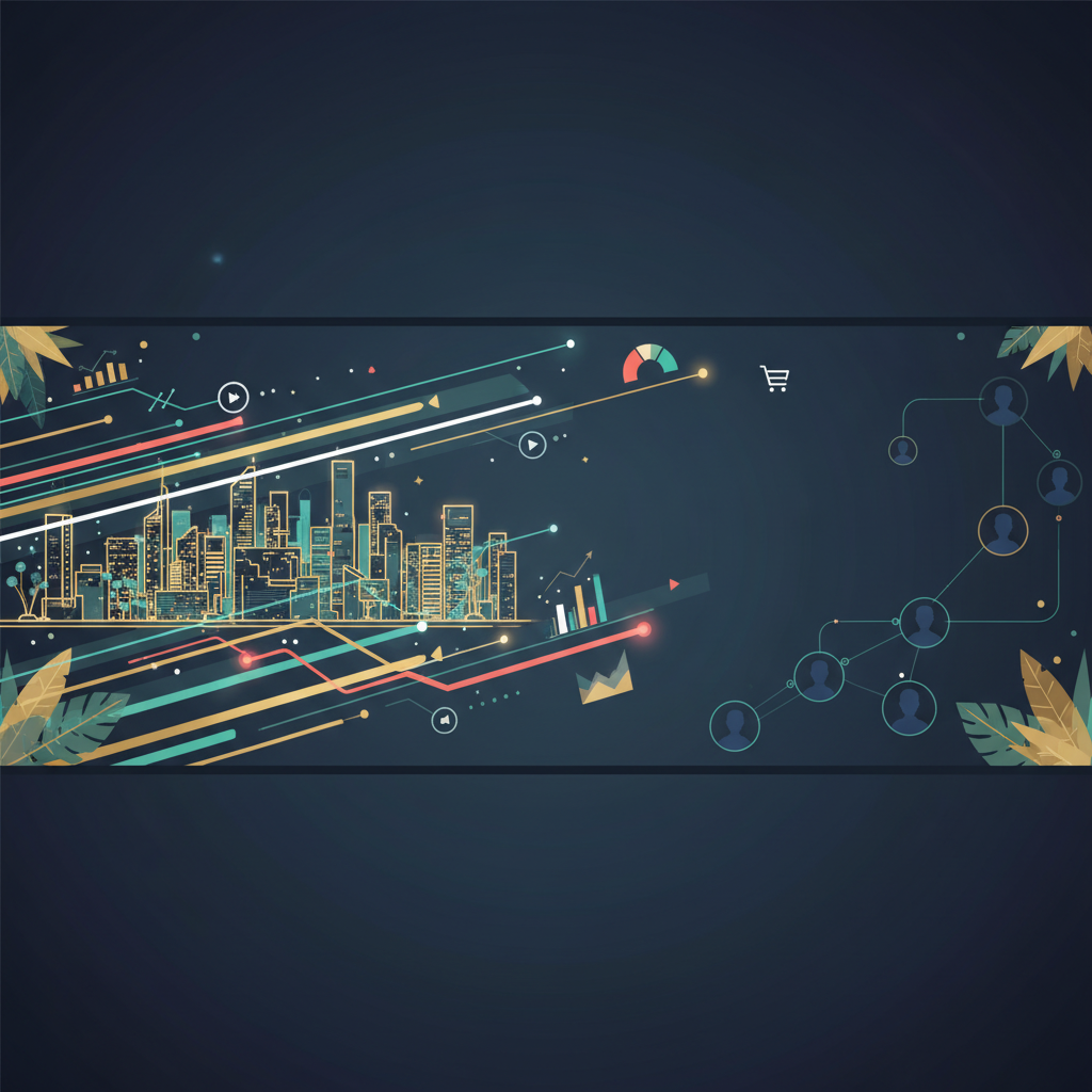 Abstract modern header with stylized Singapore skyline, data streams, and interconnected nodes symbolizing social media, short-form video, commerce, and analytics