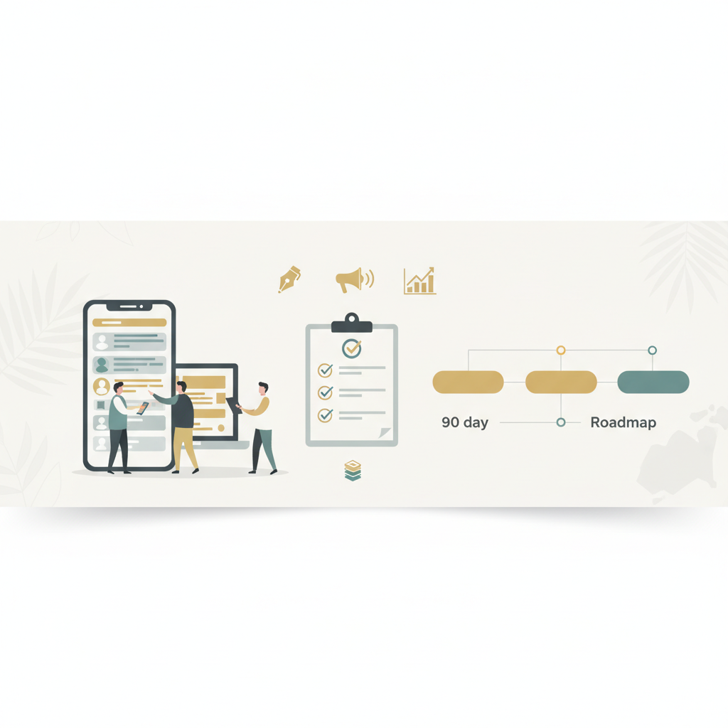 Illustration of professionals evaluating social media marketing agency options in Singapore with checklists and digital devices