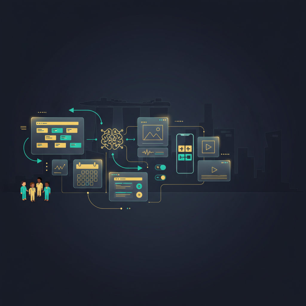Abstract premium creative-tech header featuring a stylized Singapore skyline and AI workflow elements for social media content creation