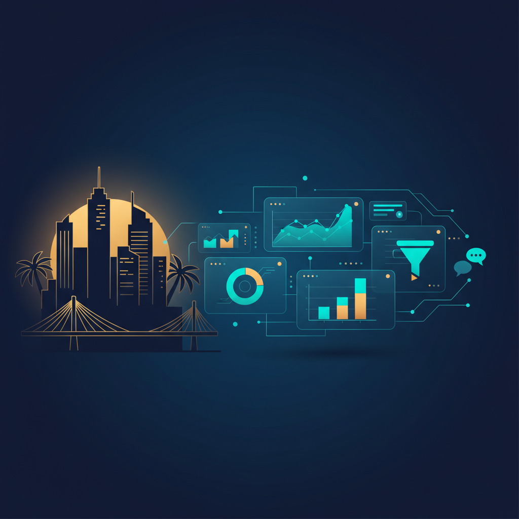 AI marketing automation header — Singapore/SEA skyline silhouettes with abstract circuits and marketing UI elements