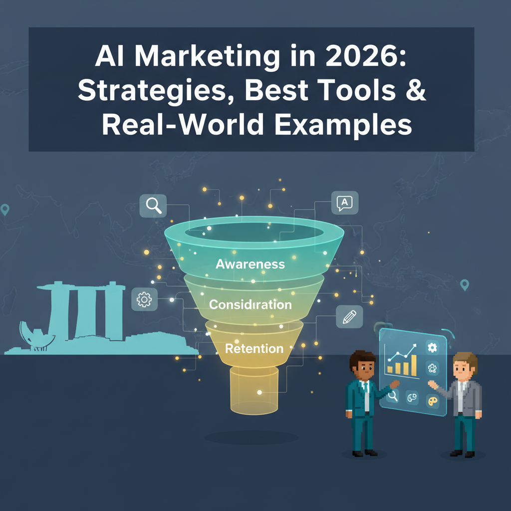 Header image for AI Marketing in 2026: Strategies, Best Tools & Real-World Examples — modern, tech-forward landscape with a stylized marketing funnel, two pixel-art business characters interacting with a holographic dashboard, subtle Singapore/Southeast Asia skyline and map markers.